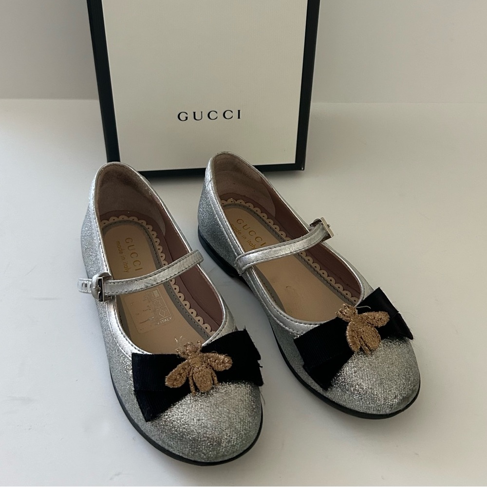 Gucci Toddler Metallic Sparkly Leather Mary Jane Flat Round Toe Shoes EU 25 - Picture 2 of 9
